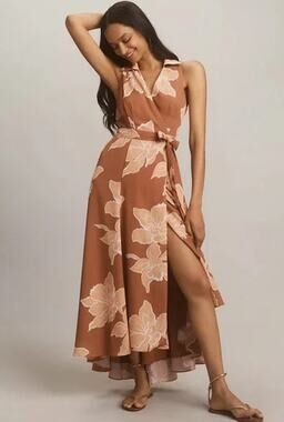Hutch V Neck Sleeveless Full Wrap Dress Taupe Florals Size Medium Petite